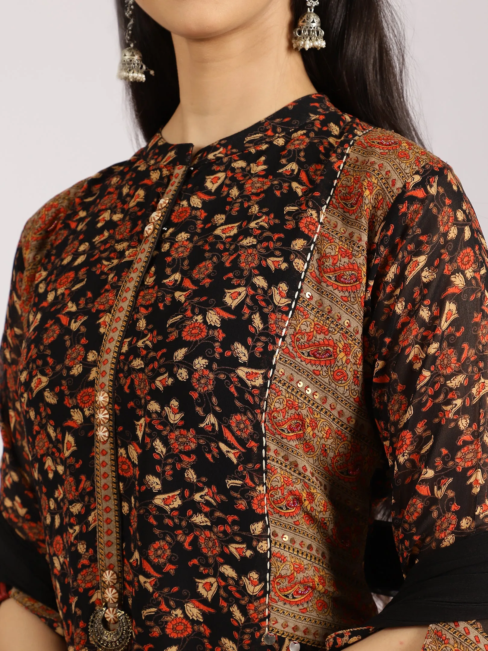 Black Floral-Printed Straight Kurta with Palazzo Set