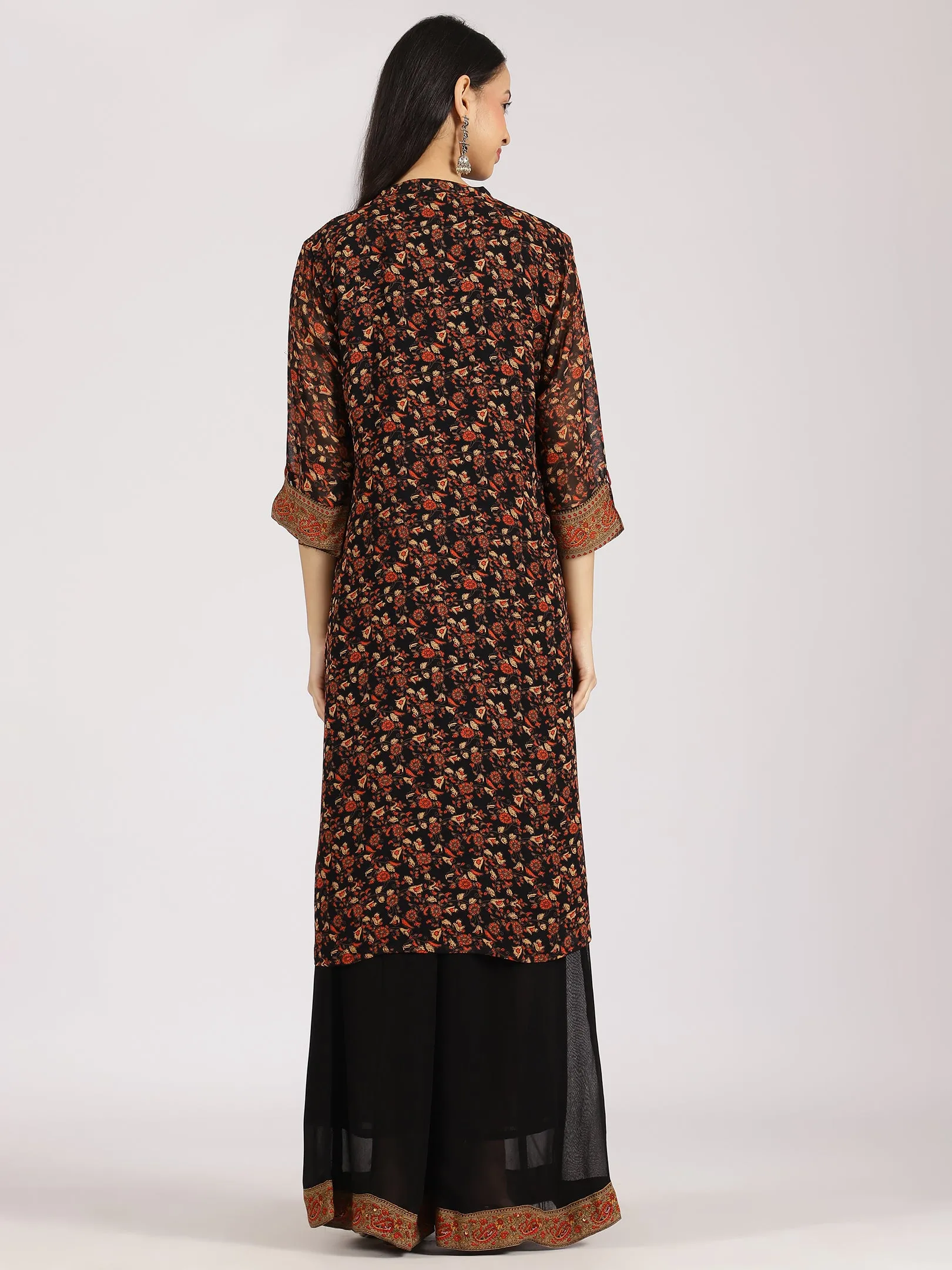 Black Floral-Printed Straight Kurta with Palazzo Set
