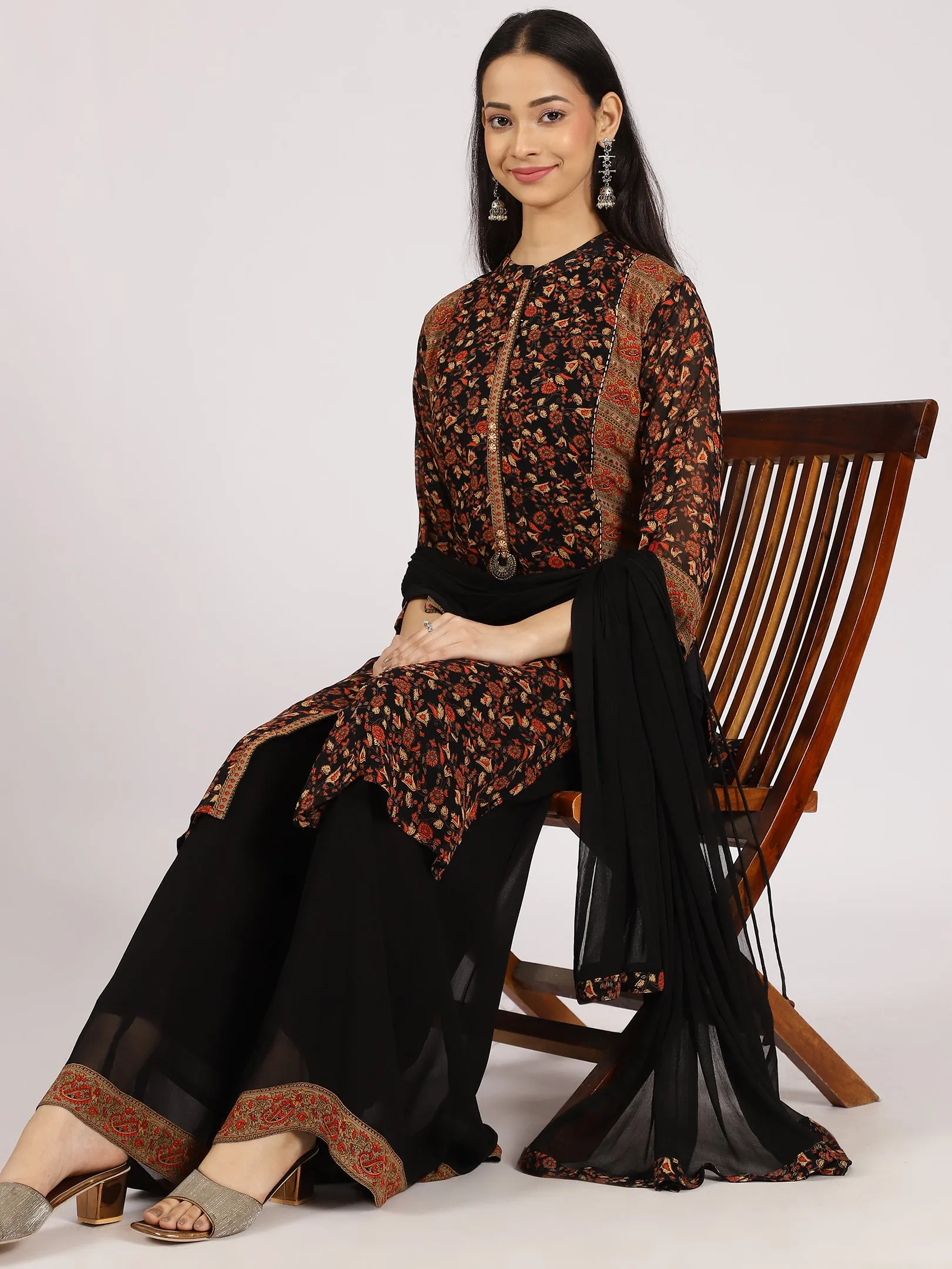 Black Floral-Printed Straight Kurta with Palazzo Set