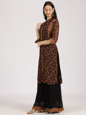 Black Floral-Printed Straight Kurta with Palazzo Set