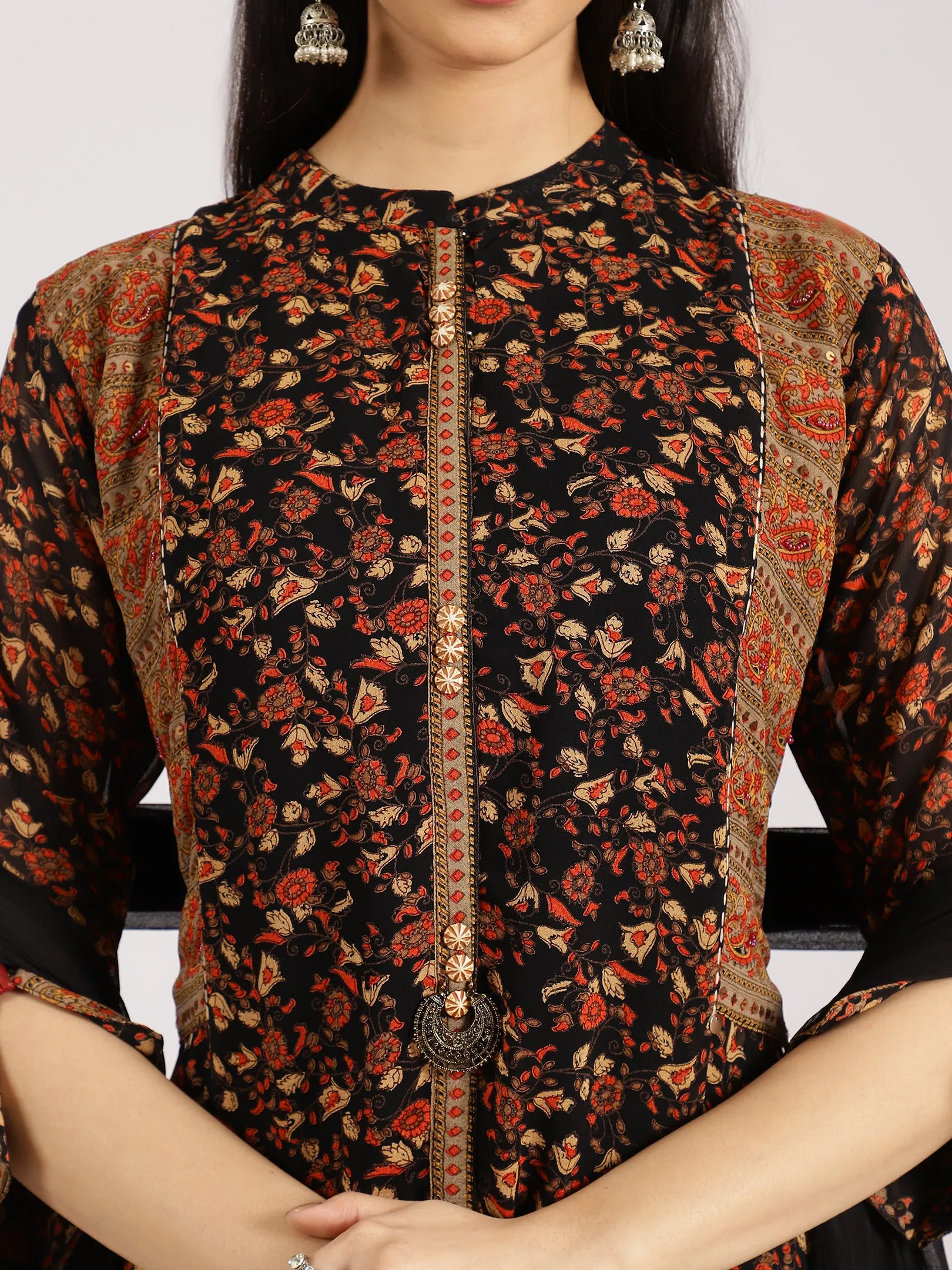 Black Floral-Printed Straight Kurta with Palazzo Set