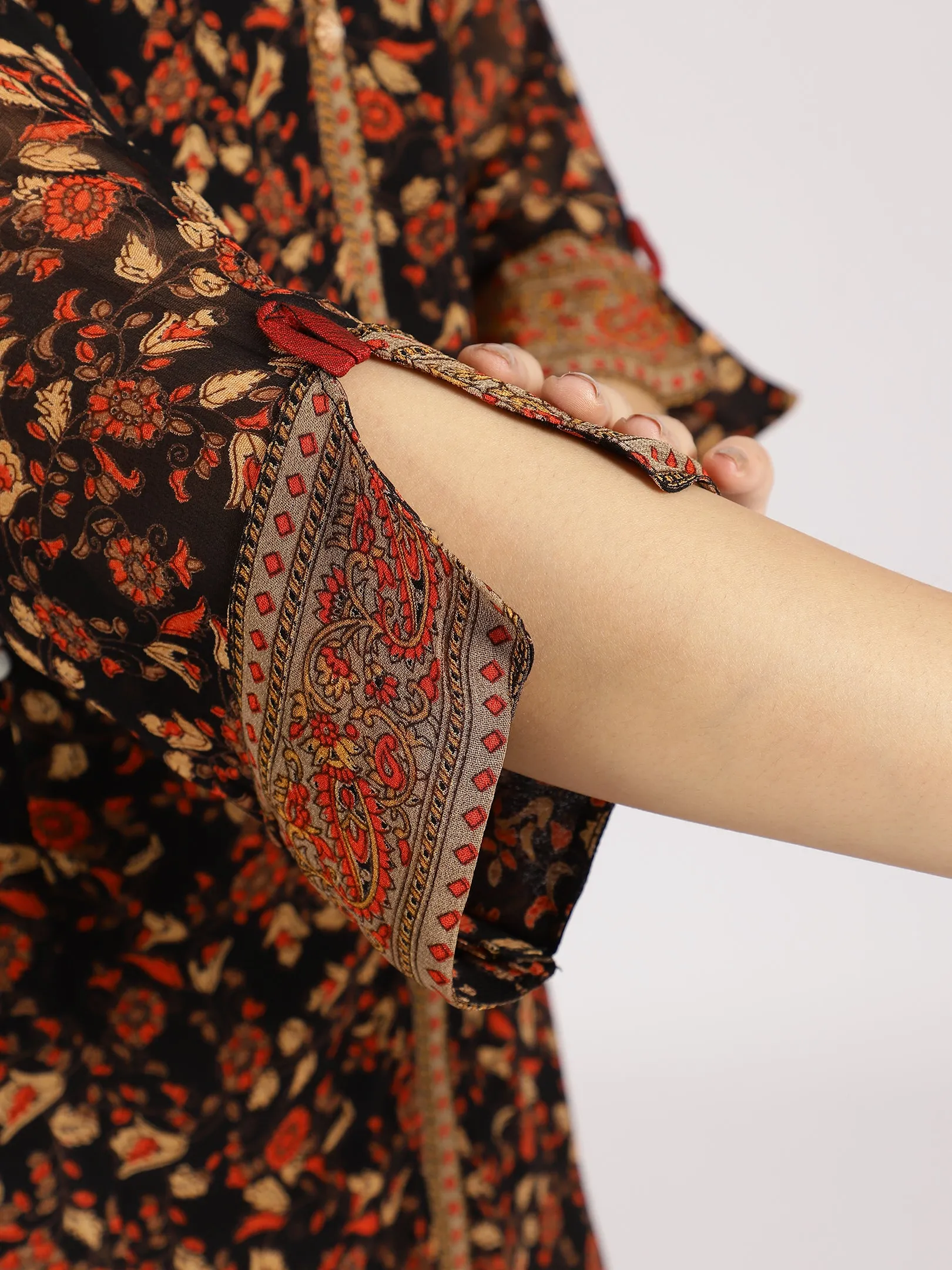 Black Floral-Printed Straight Kurta with Palazzo Set