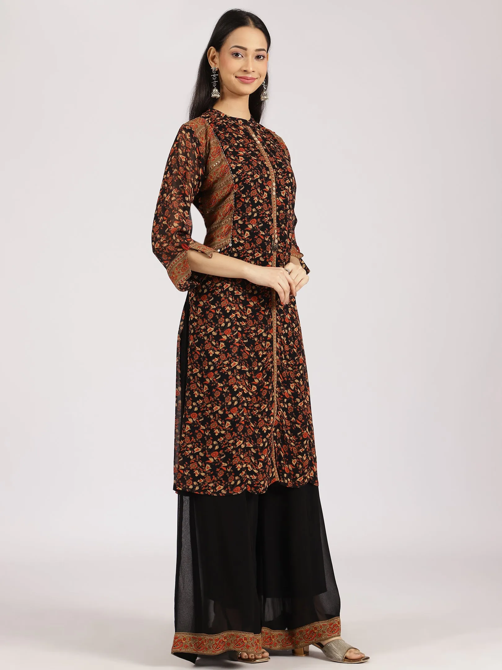 Black Floral-Printed Straight Kurta with Palazzo Set