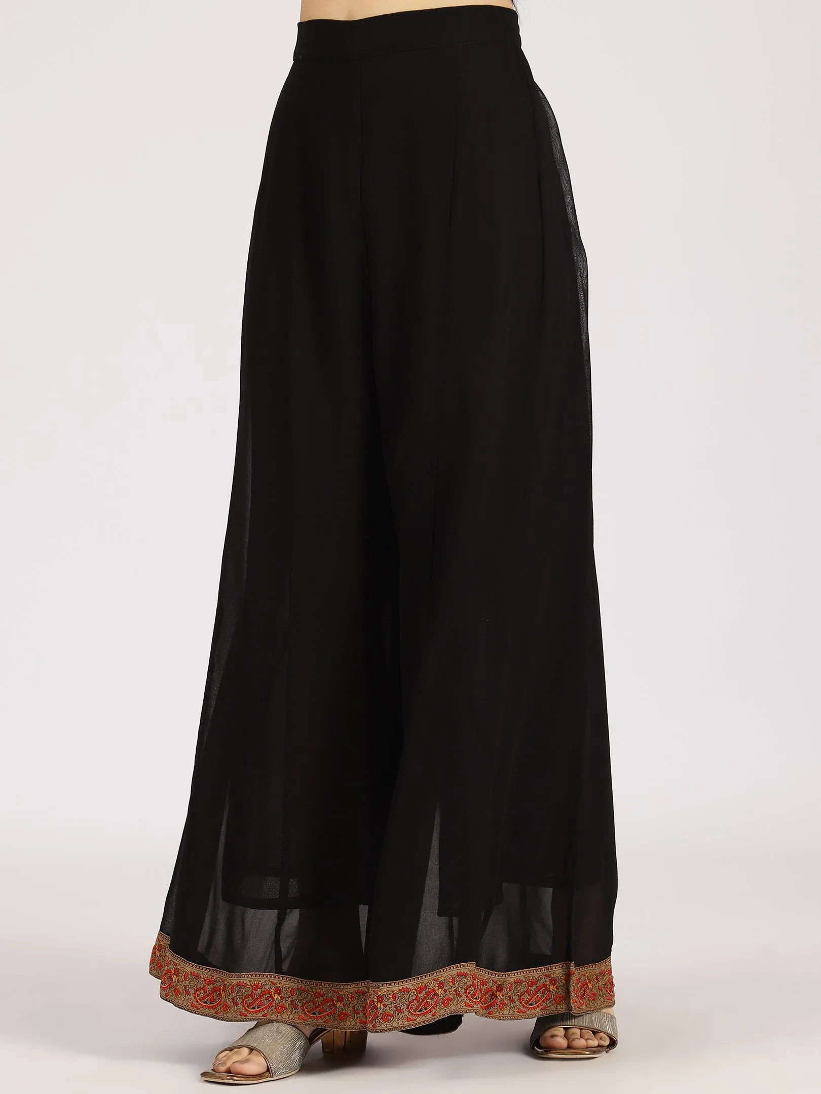 Black Floral-Printed Straight Kurta with Palazzo Set