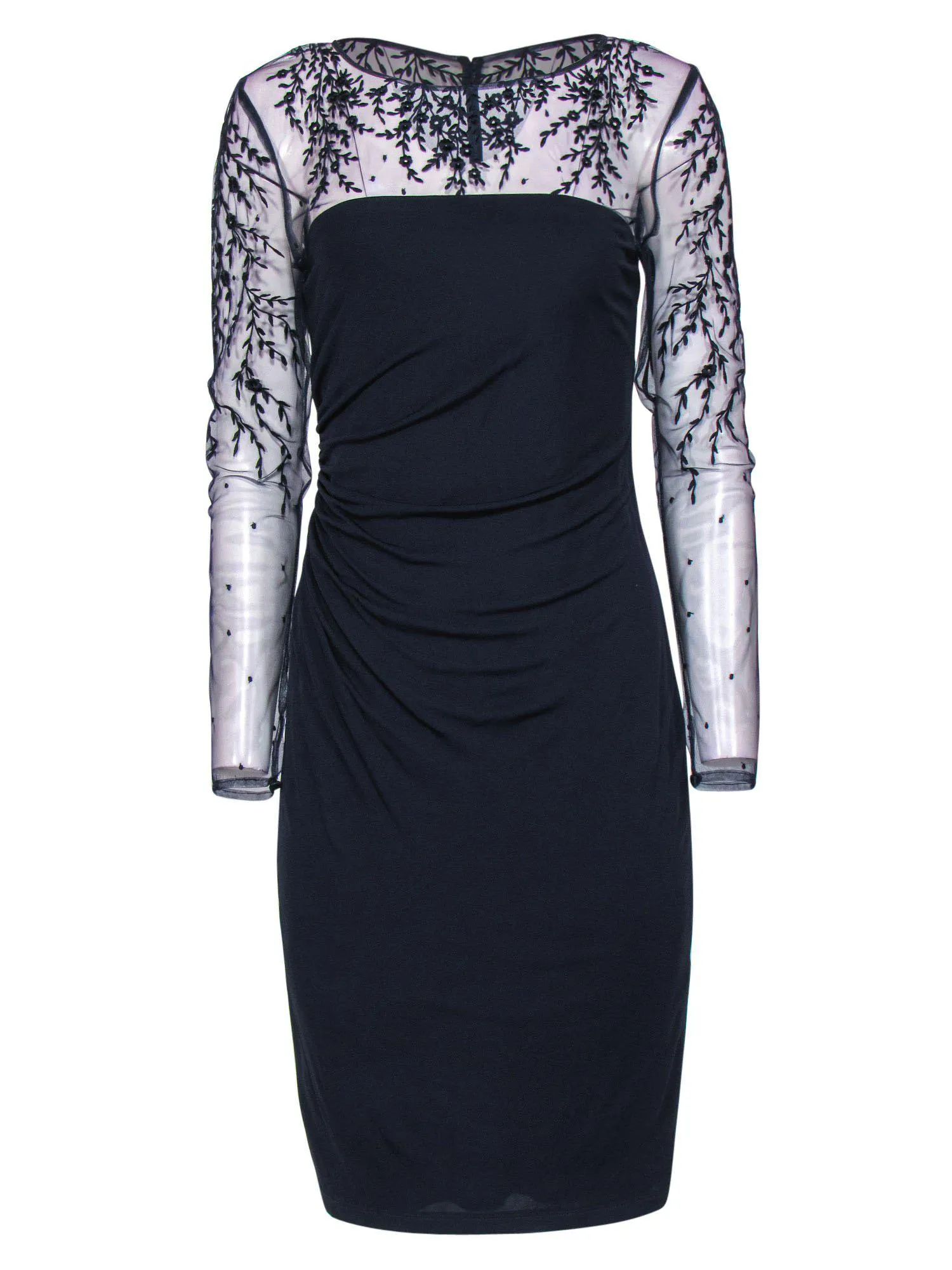 David Meister - Navy Mesh Sleeve Cocktail Dress w/ Embroidery Sz 6