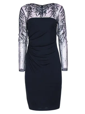 David Meister - Navy Mesh Sleeve Cocktail Dress w/ Embroidery Sz 6