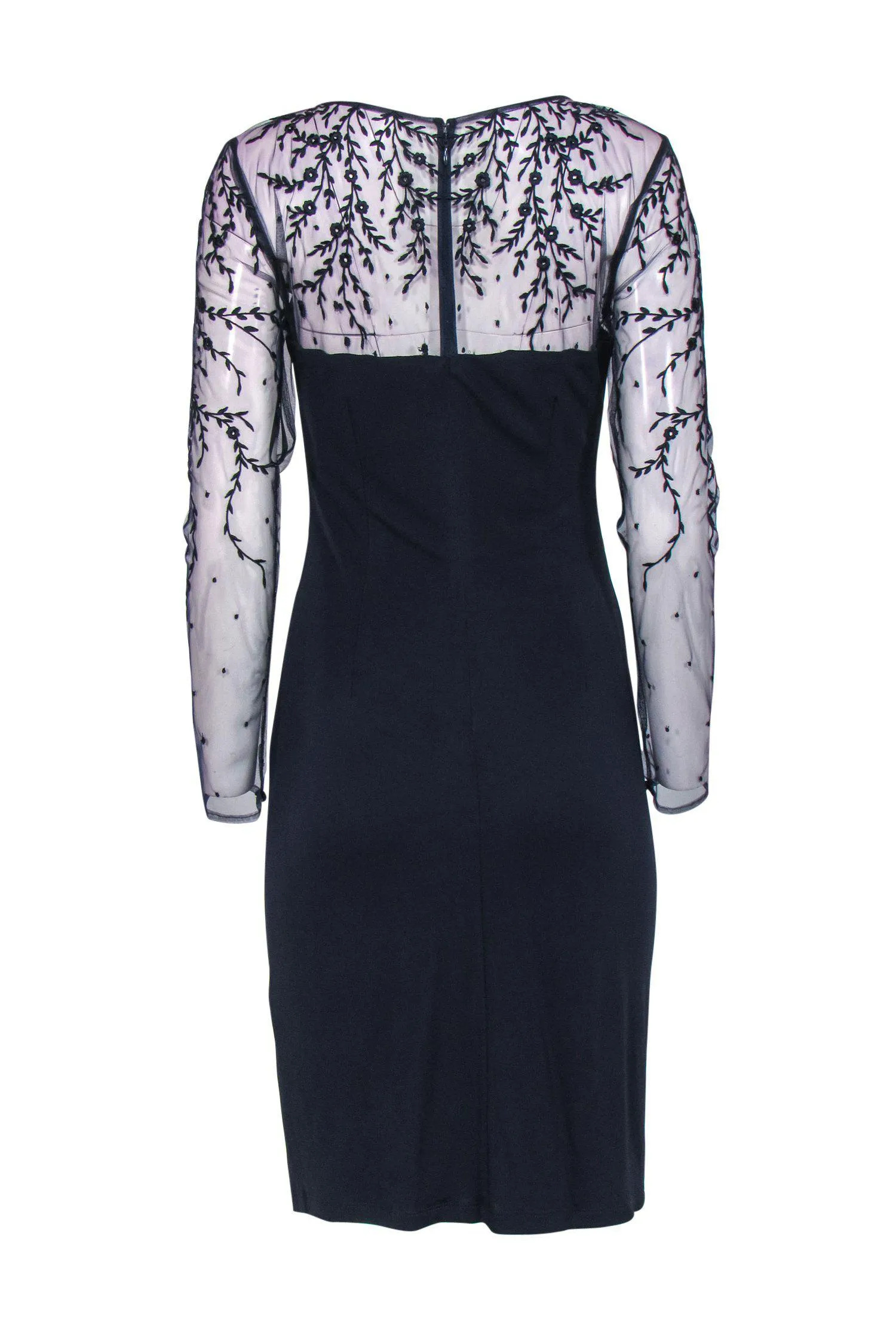 David Meister - Navy Mesh Sleeve Cocktail Dress w/ Embroidery Sz 6