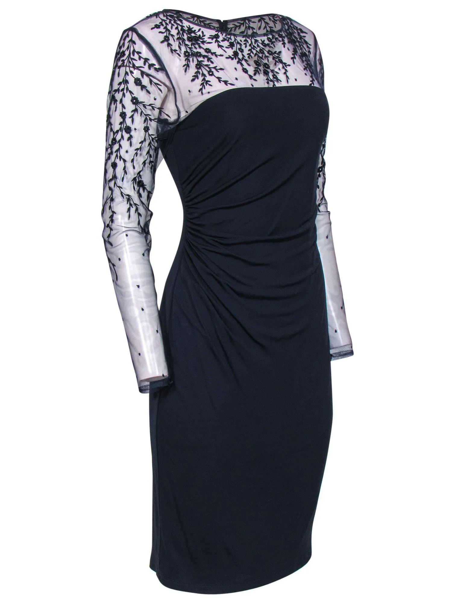 David Meister - Navy Mesh Sleeve Cocktail Dress w/ Embroidery Sz 6