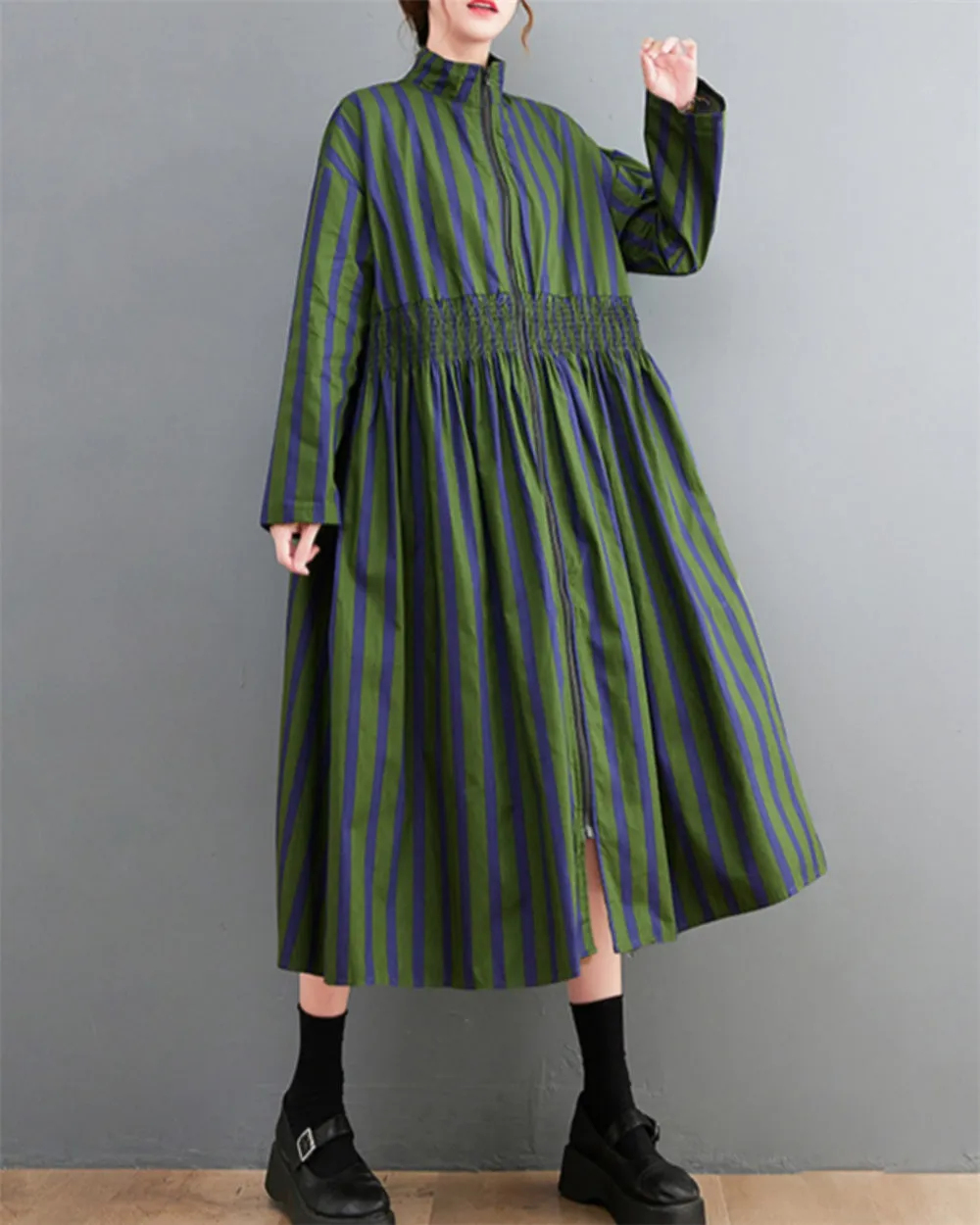 ellazhu Women's Funky Vertical Striped Zipper Patchwork Color Print Dress GZ41