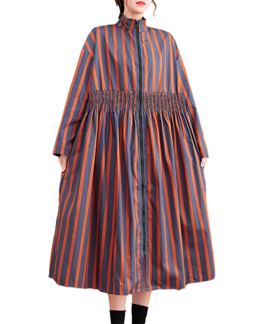 ellazhu Women's Funky Vertical Striped Zipper Patchwork Color Print Dress GZ41