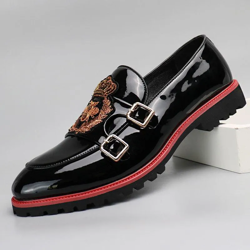 Embroidery Buckle PU Leather Slip-On Pointy Toe Loafers Shoes