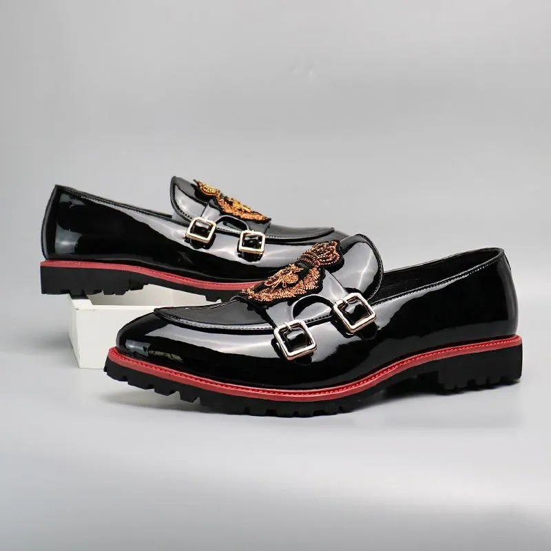 Embroidery Buckle PU Leather Slip-On Pointy Toe Loafers Shoes