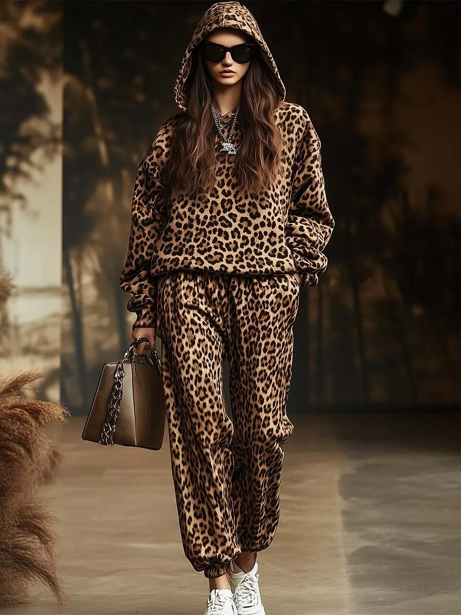Fashion Canberra I Lia Retro Casual Hooded Leopard Print Sweatshirt and Pants Two-piece Set