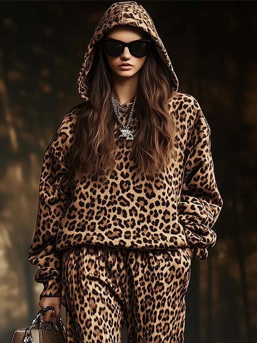 Fashion Canberra I Lia Retro Casual Hooded Leopard Print Sweatshirt and Pants Two-piece Set