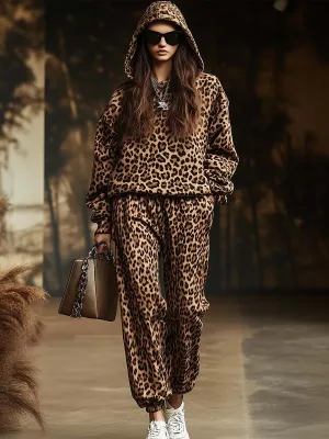 Fashion Canberra I Lia Retro Casual Hooded Leopard Print Sweatshirt and Pants Two-piece Set
