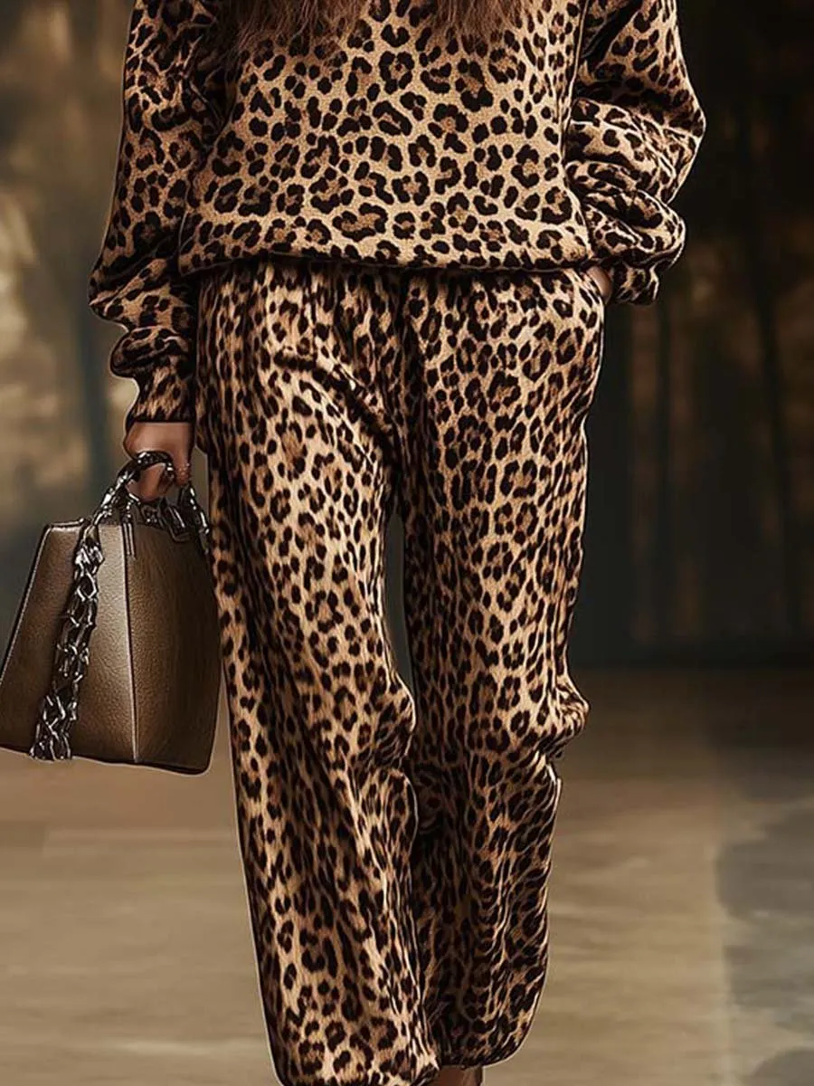 Fashion Canberra I Lia Retro Casual Hooded Leopard Print Sweatshirt and Pants Two-piece Set