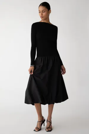 LONG SLEEVE OFF THE SHOULDER BUBBLE HEM MIDI DRESS