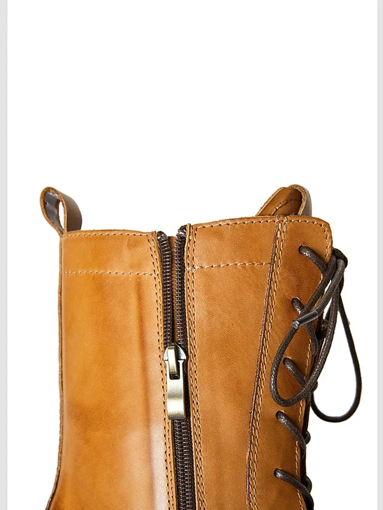 Mid Calf Men's English Casual Style Leather Boots