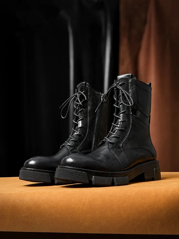 Mid Calf Men's English Casual Style Leather Boots