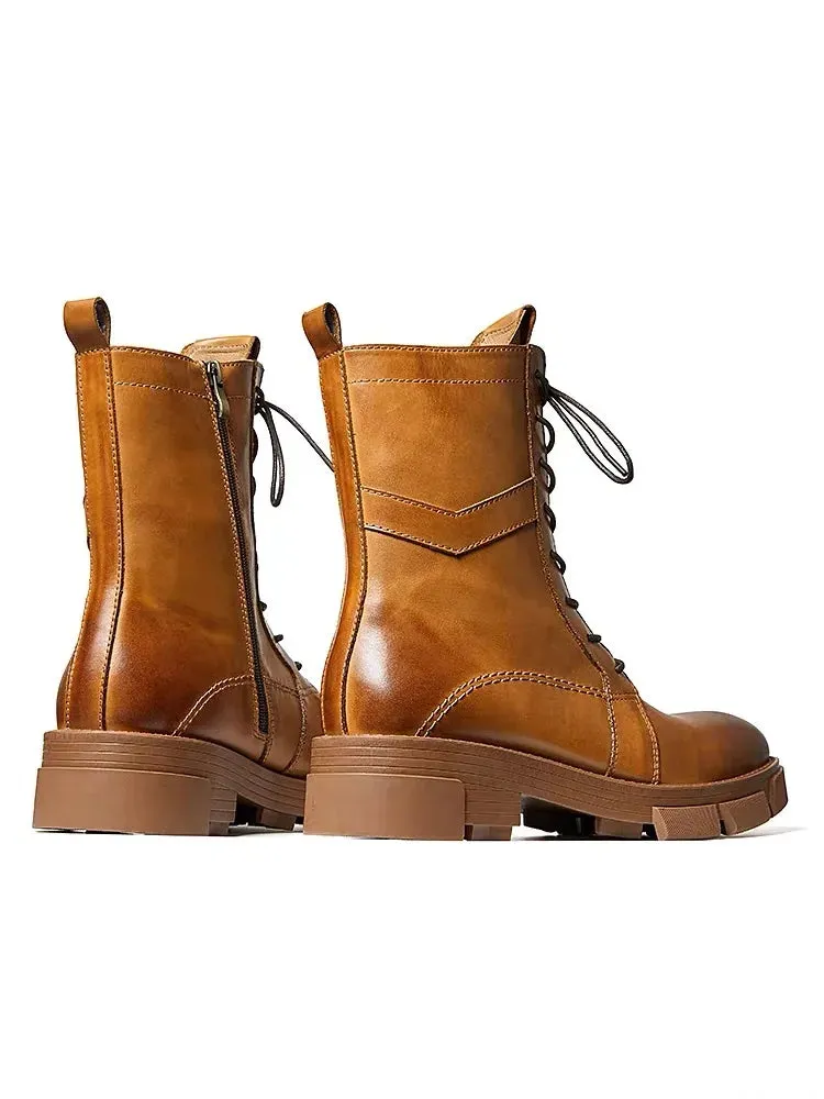 Mid Calf Men's English Casual Style Leather Boots