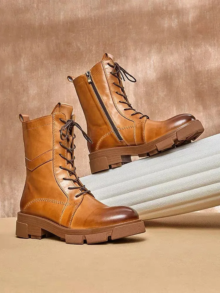 Mid Calf Men's English Casual Style Leather Boots