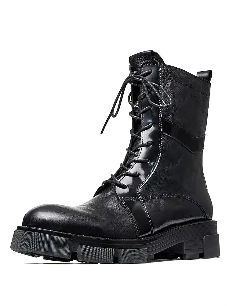 Mid Calf Men's English Casual Style Leather Boots
