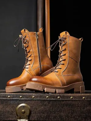 Mid Calf Men's English Casual Style Leather Boots