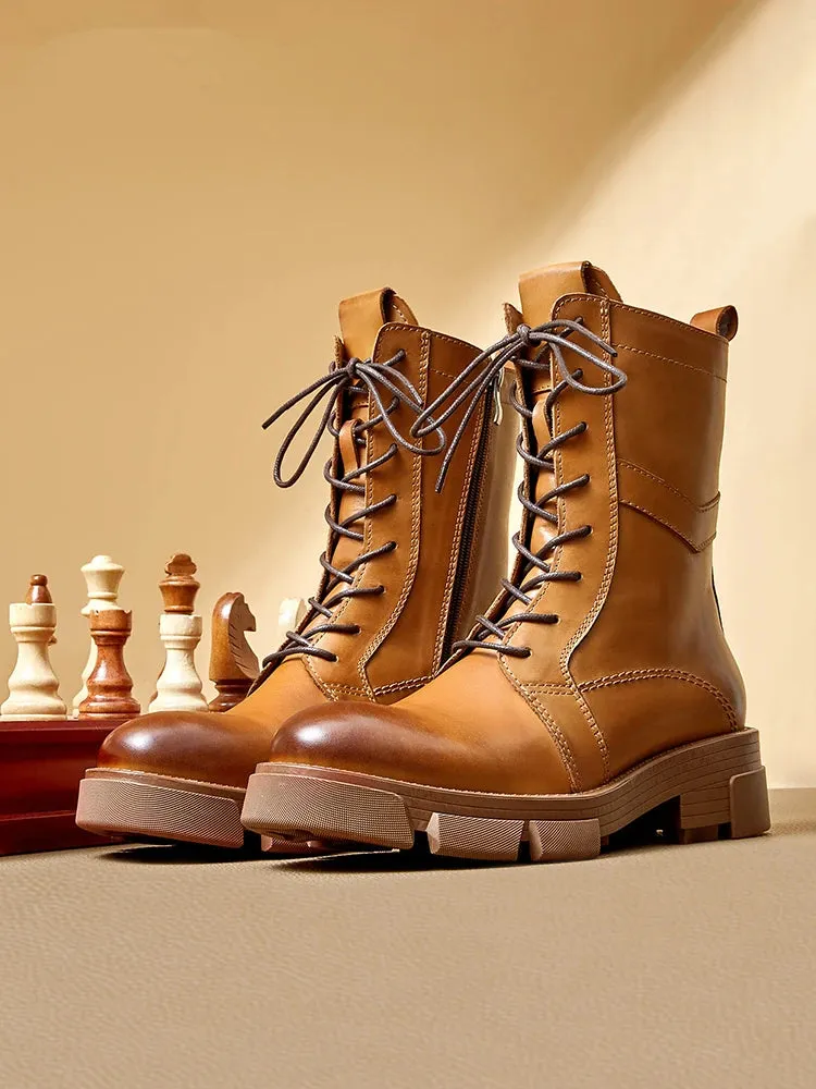 Mid Calf Men's English Casual Style Leather Boots