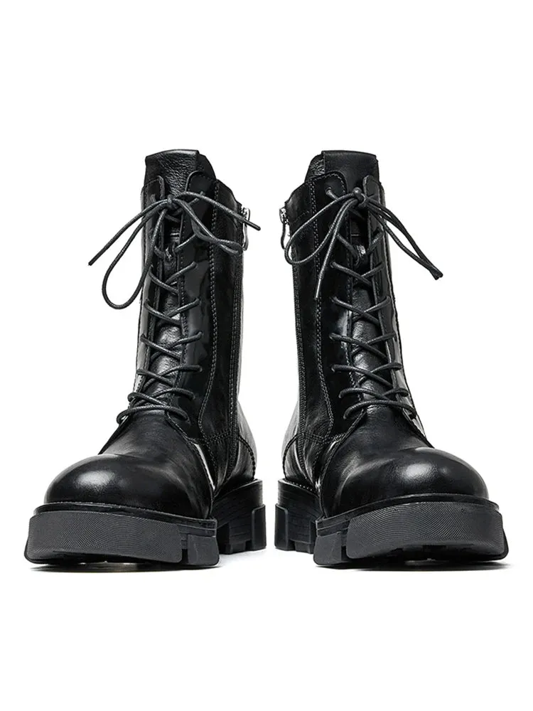 Mid Calf Men's English Casual Style Leather Boots