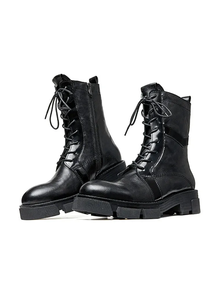 Mid Calf Men's English Casual Style Leather Boots