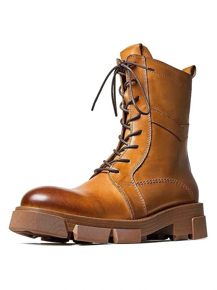 Mid Calf Men's English Casual Style Leather Boots