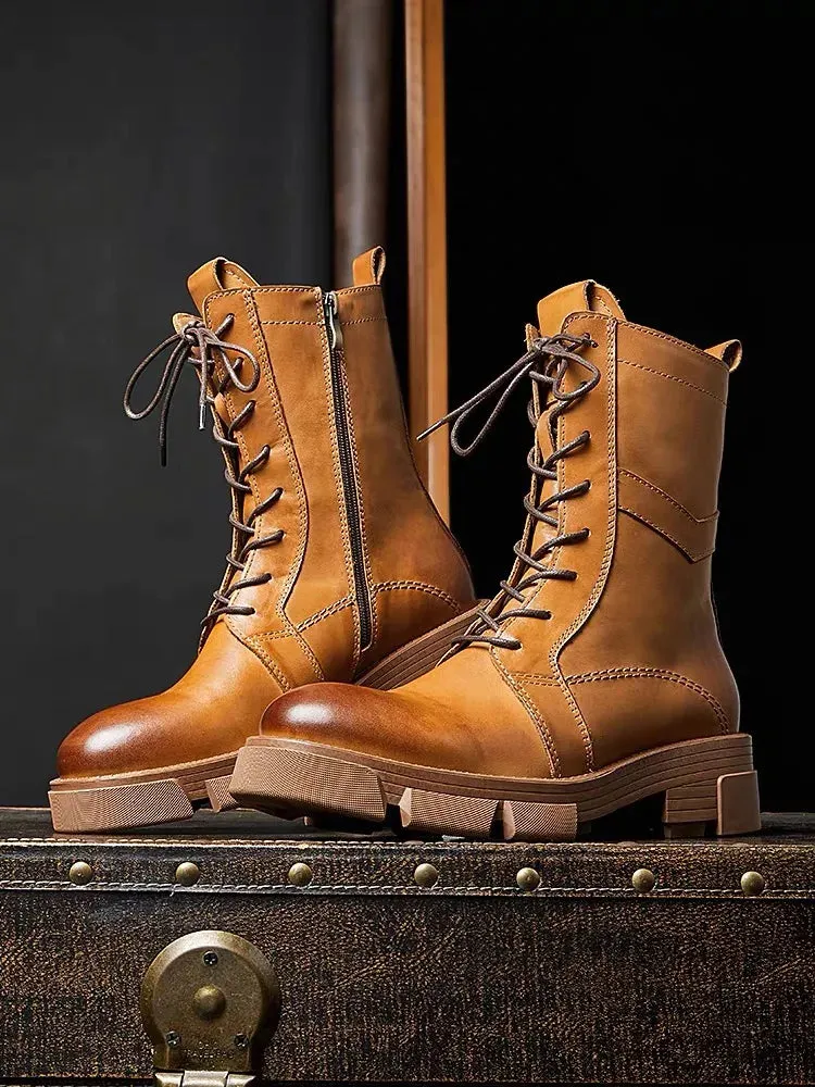 Mid Calf Men's English Casual Style Leather Boots