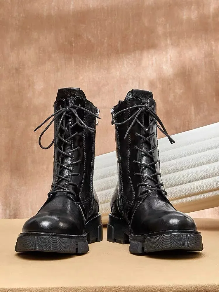 Mid Calf Men's English Casual Style Leather Boots
