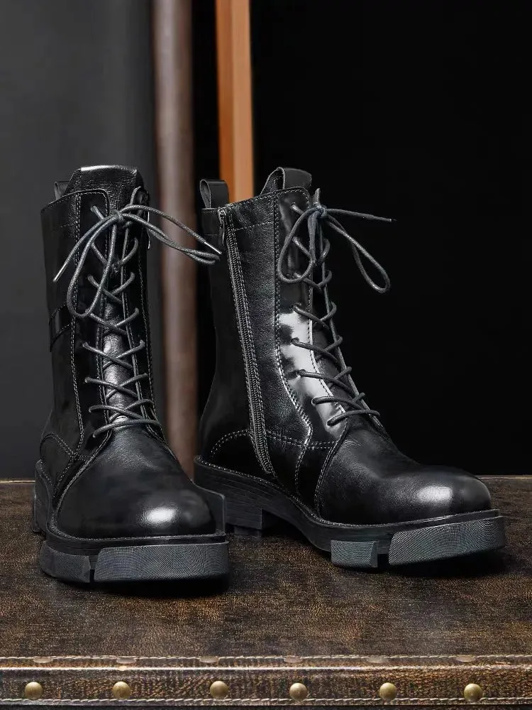 Mid Calf Men's English Casual Style Leather Boots