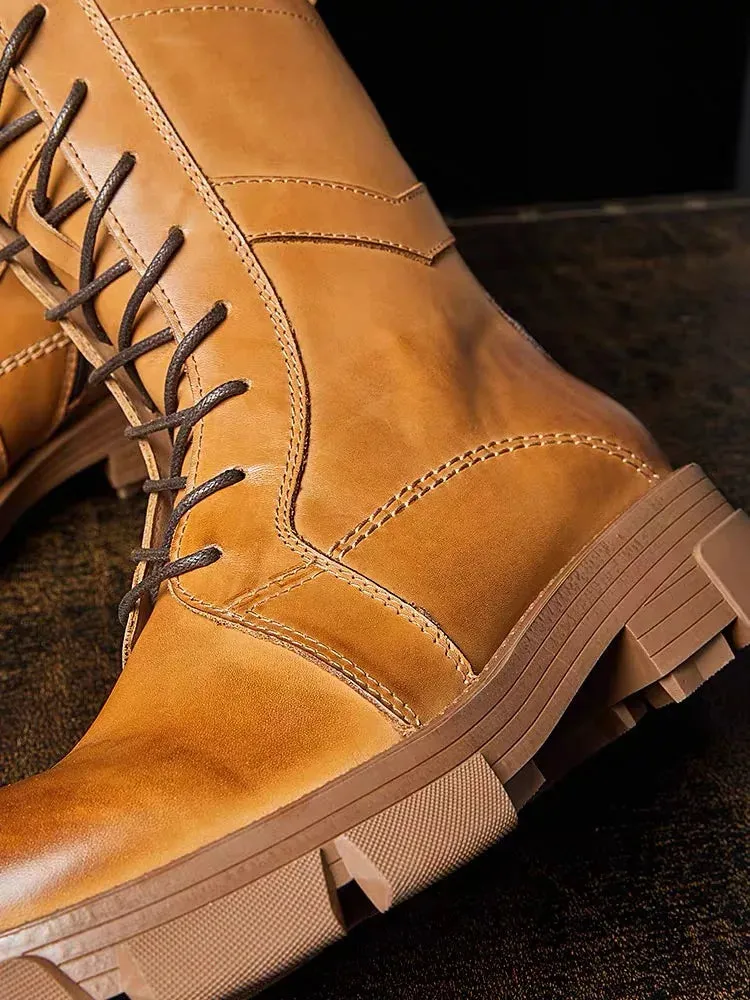 Mid Calf Men's English Casual Style Leather Boots