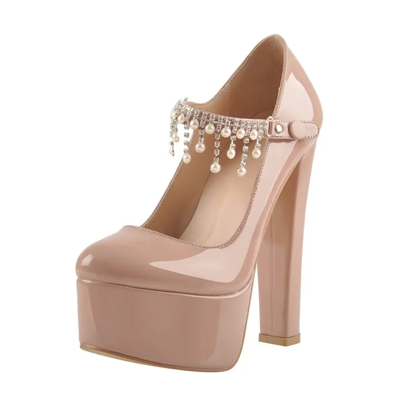 Pumps Ankle Strap Thick Round Heel Shoes