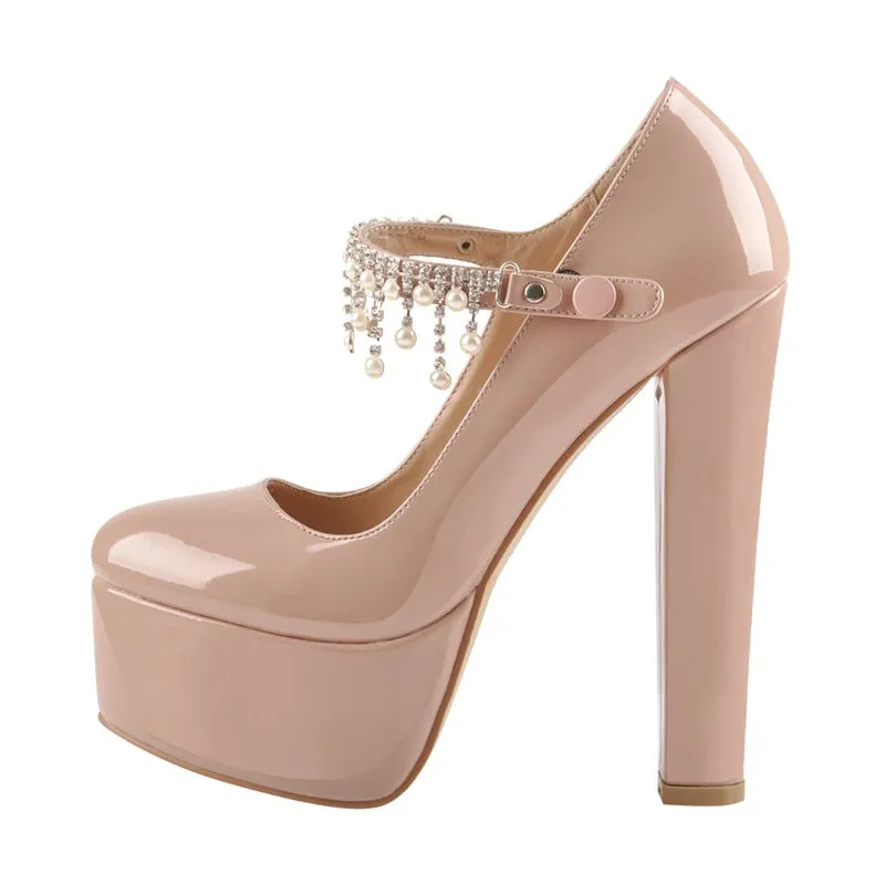 Pumps Ankle Strap Thick Round Heel Shoes