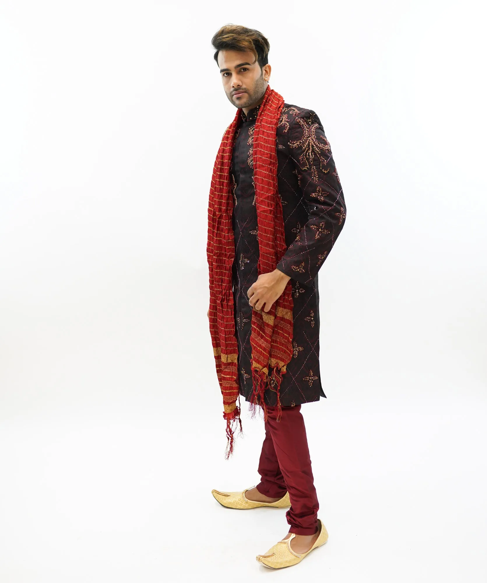Silk Brocade Black Embroidered & Enhanced Rhinestone Work  Sherwani