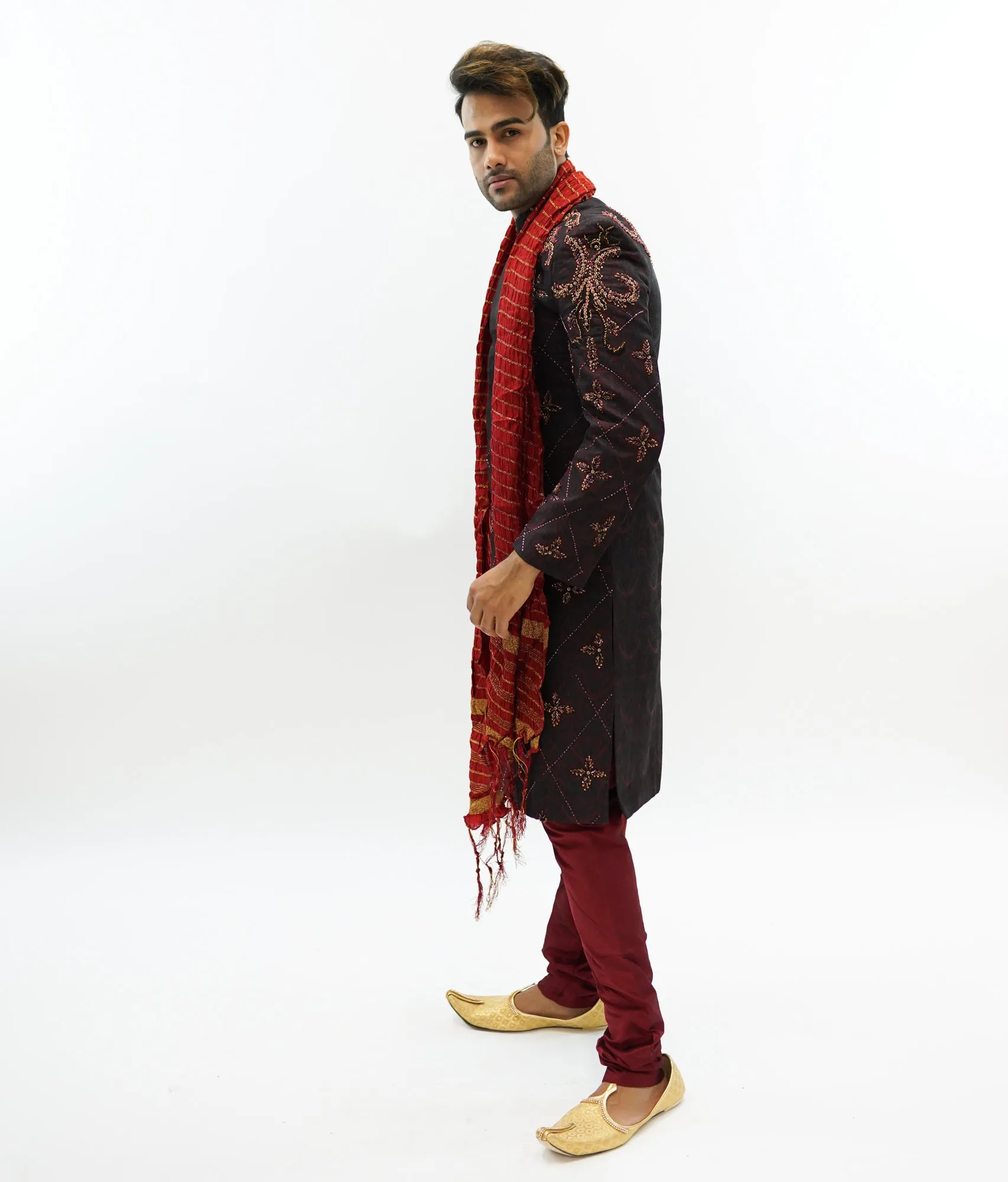 Silk Brocade Black Embroidered & Enhanced Rhinestone Work  Sherwani