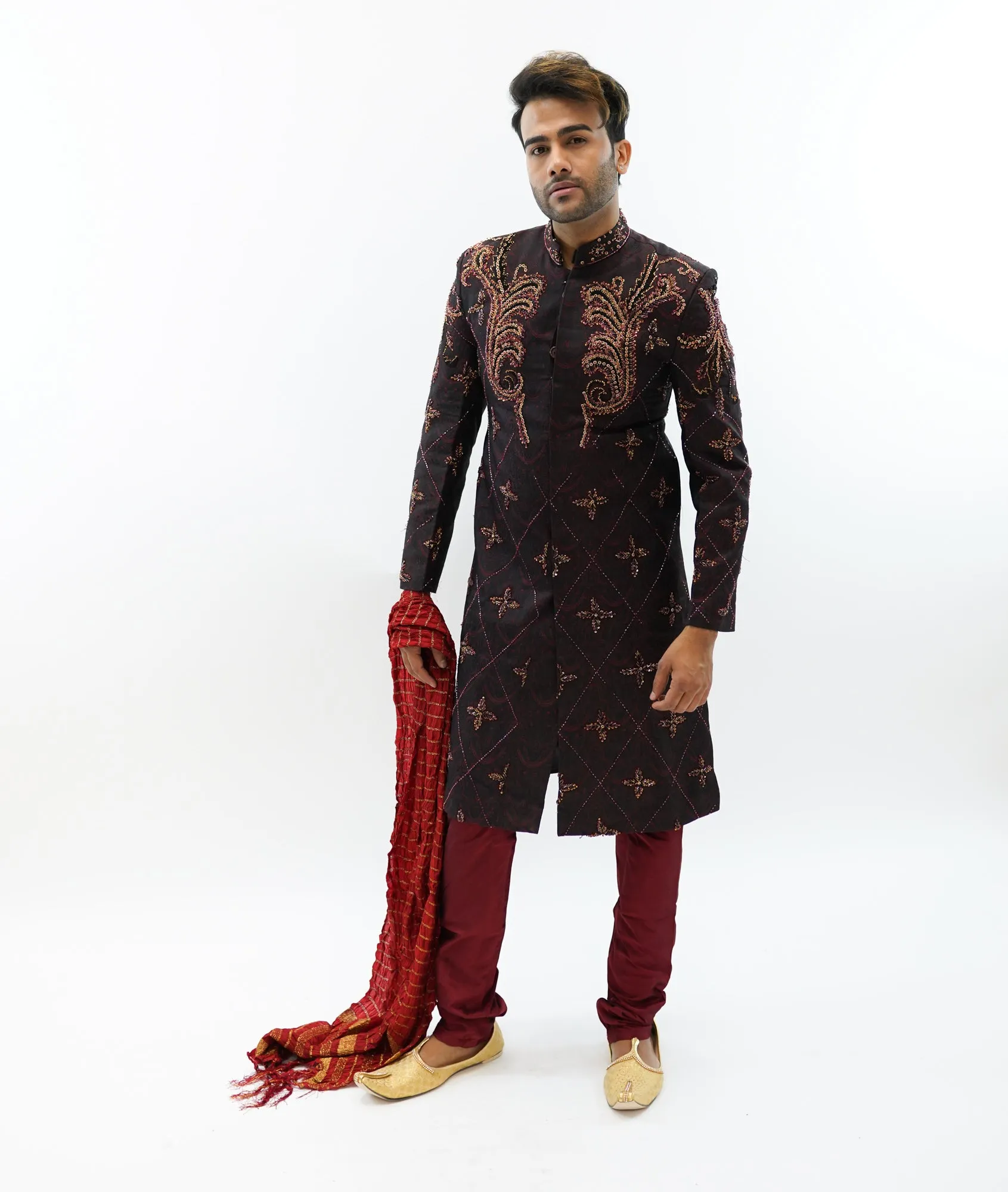 Silk Brocade Black Embroidered & Enhanced Rhinestone Work  Sherwani