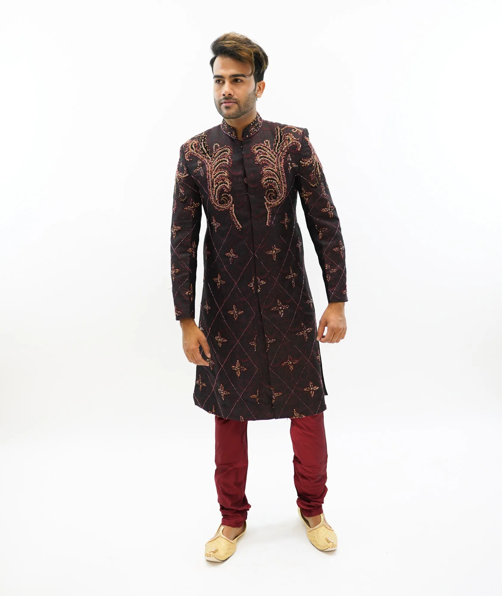 Silk Brocade Black Embroidered & Enhanced Rhinestone Work  Sherwani