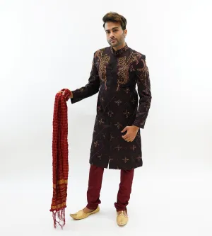 Silk Brocade Black Embroidered & Enhanced Rhinestone Work  Sherwani