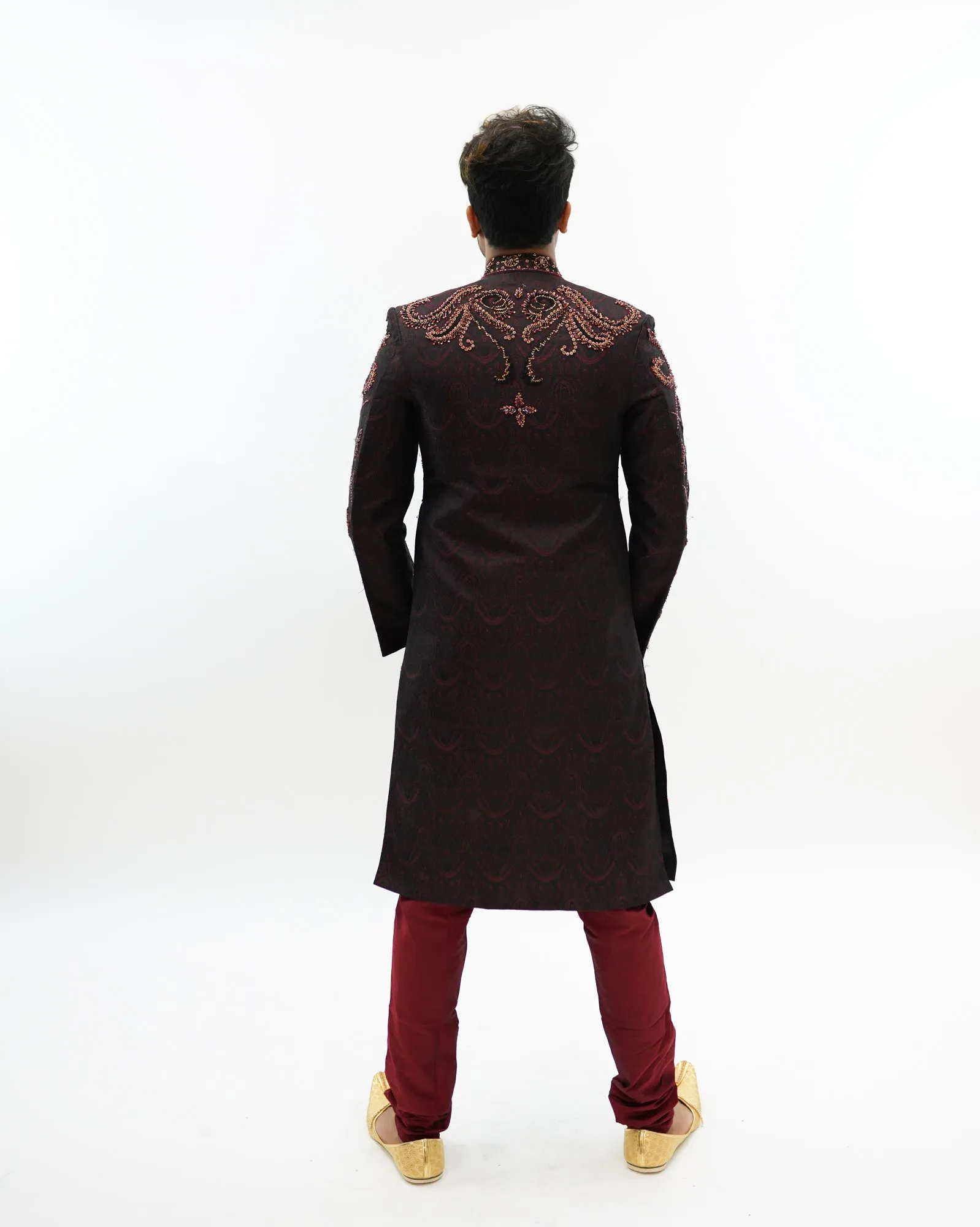 Silk Brocade Black Embroidered & Enhanced Rhinestone Work  Sherwani