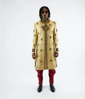 Silk Brocade Flax Gold Embroidered & Enhanced Rhinestone Work Sherwani