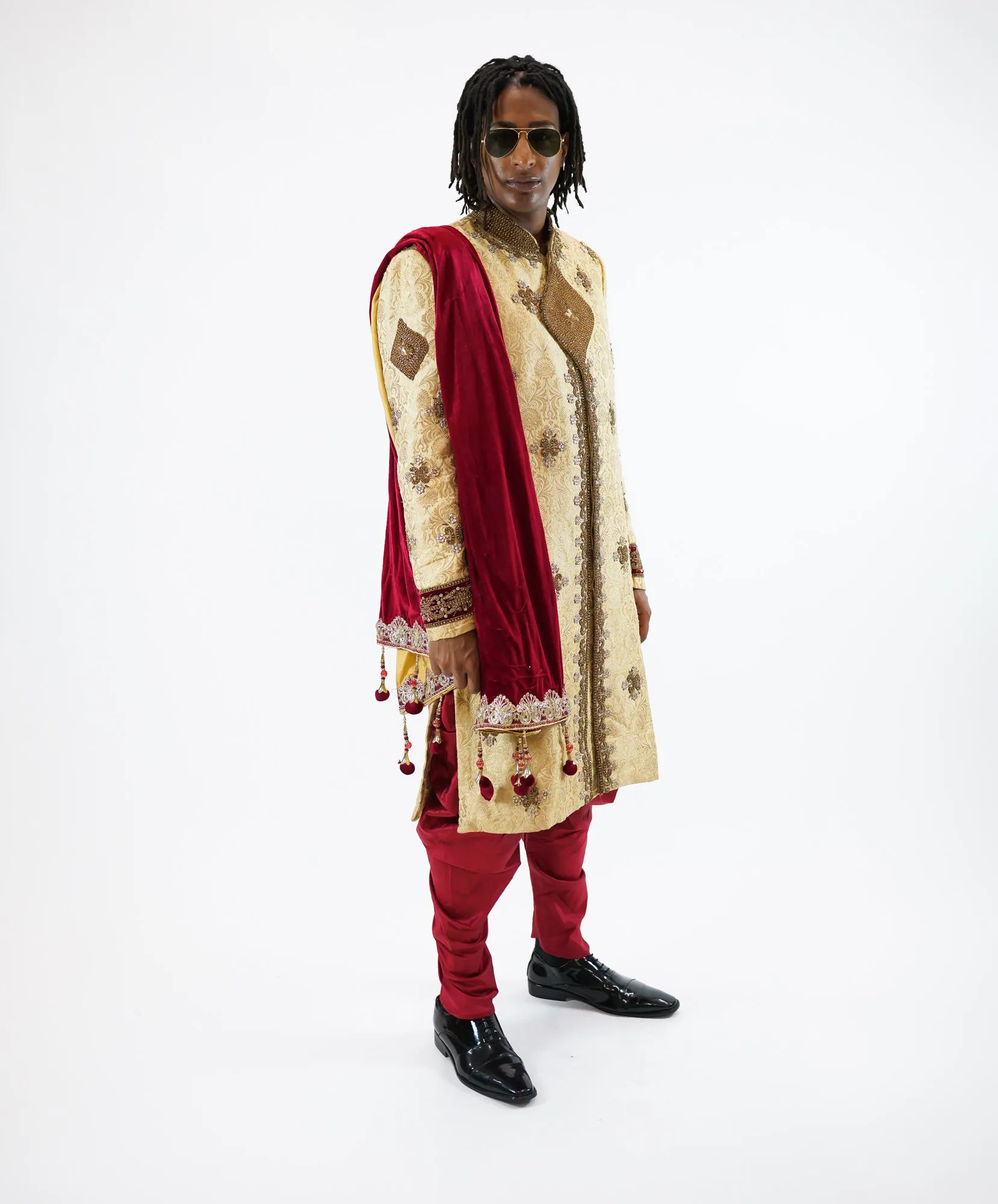 Silk Brocade Flax Gold Embroidered & Enhanced Rhinestone Work Sherwani