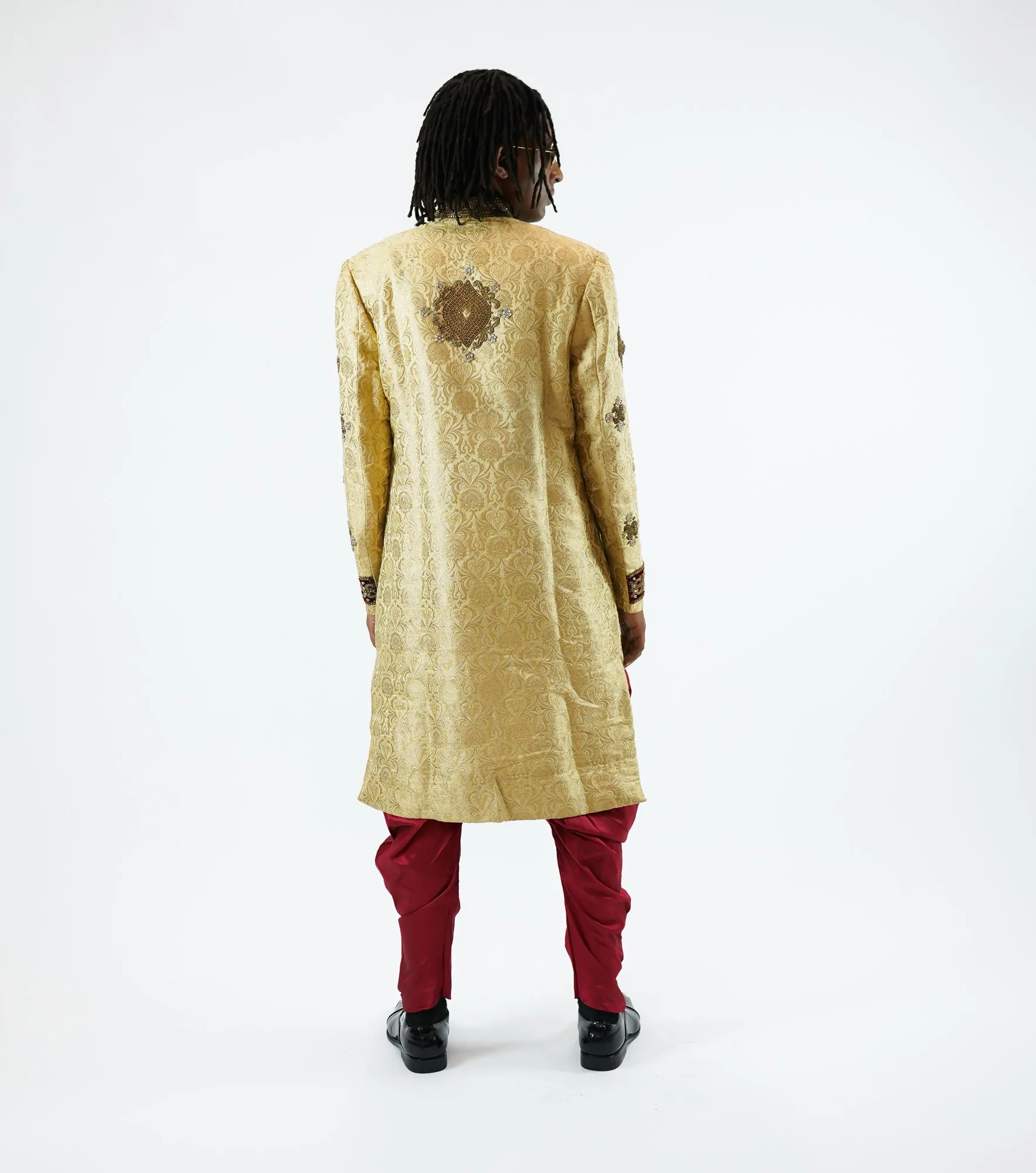 Silk Brocade Flax Gold Embroidered & Enhanced Rhinestone Work Sherwani