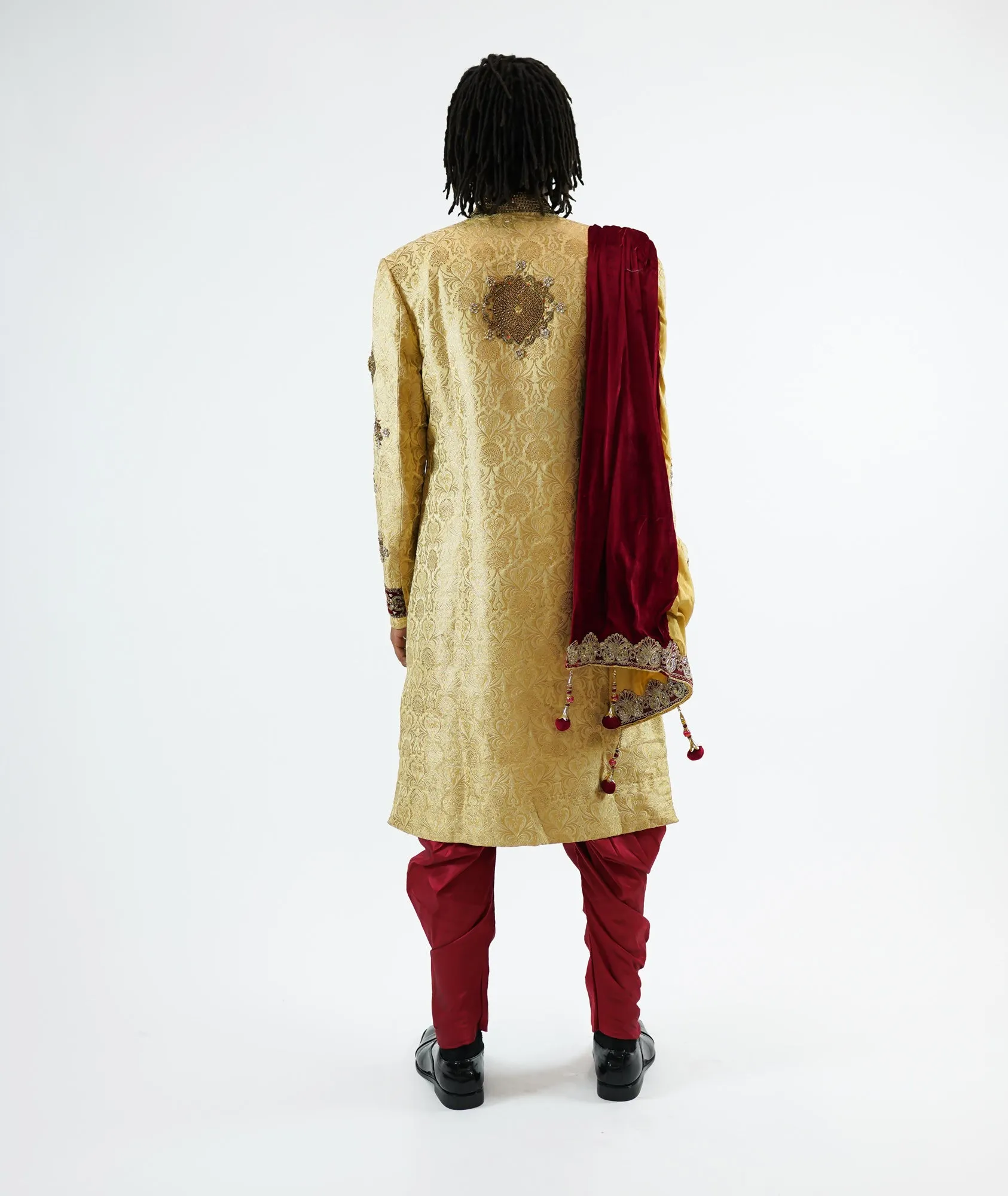 Silk Brocade Flax Gold Embroidered & Enhanced Rhinestone Work Sherwani