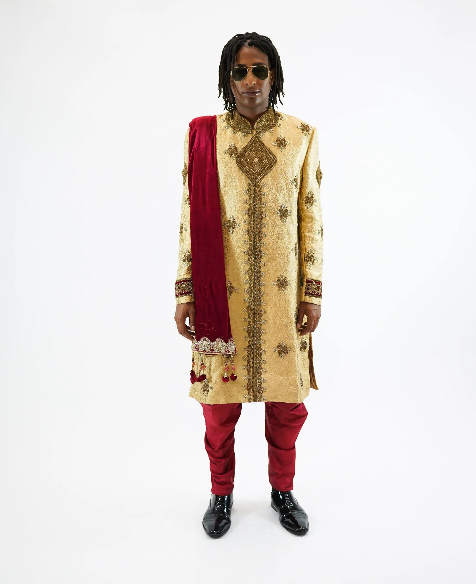 Silk Brocade Flax Gold Embroidered & Enhanced Rhinestone Work Sherwani