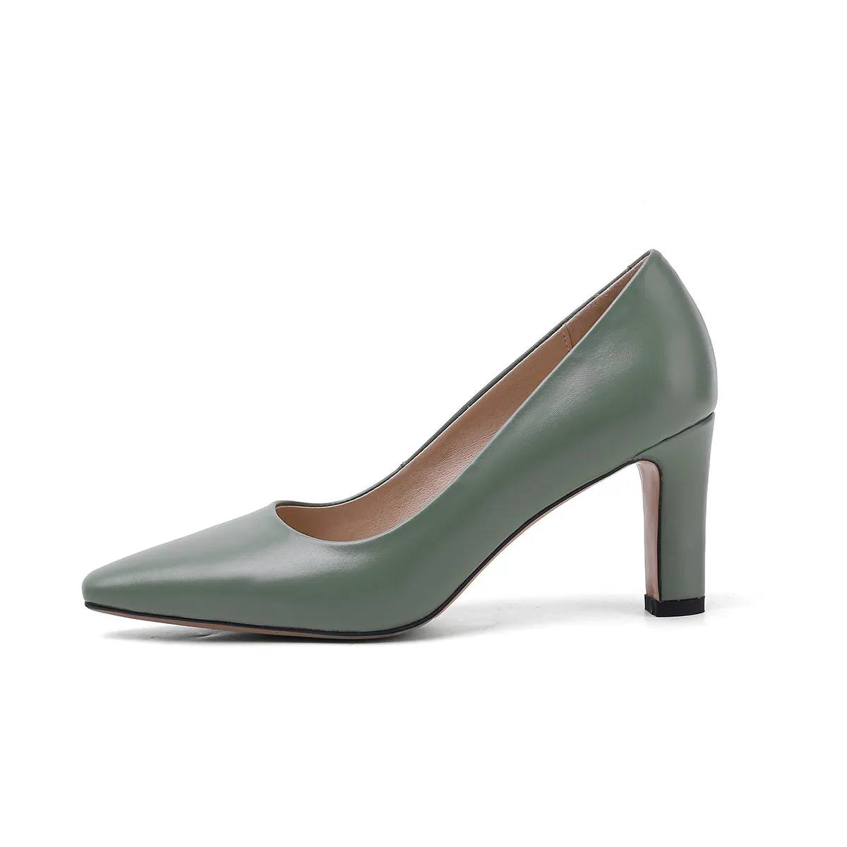TinaCus Genuine Leather Women's Handmade Closed Pointed Toe High Chunky Heel Slip On Loafer Pump Shoes