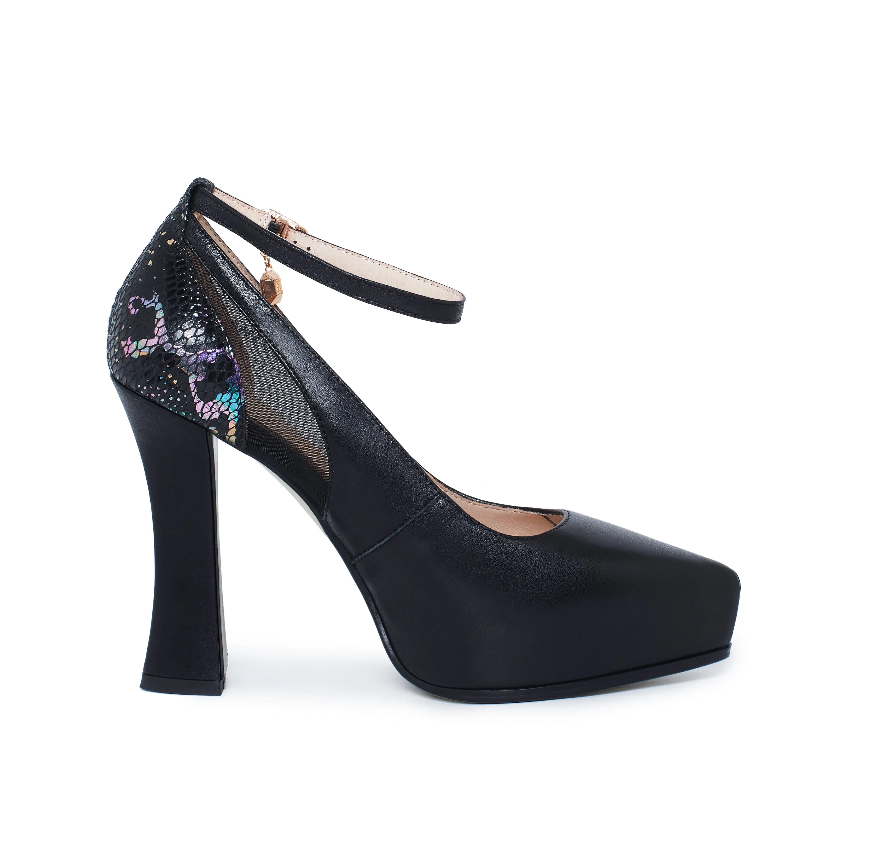 TinaCus Women's Handmade Genuine Leather Sexy High Heel Platform Pointed Toe Glitter Pumps with Buckle and Pendant